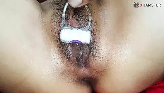 In and out fucking my little stepsister with small size vibrator in closeup.