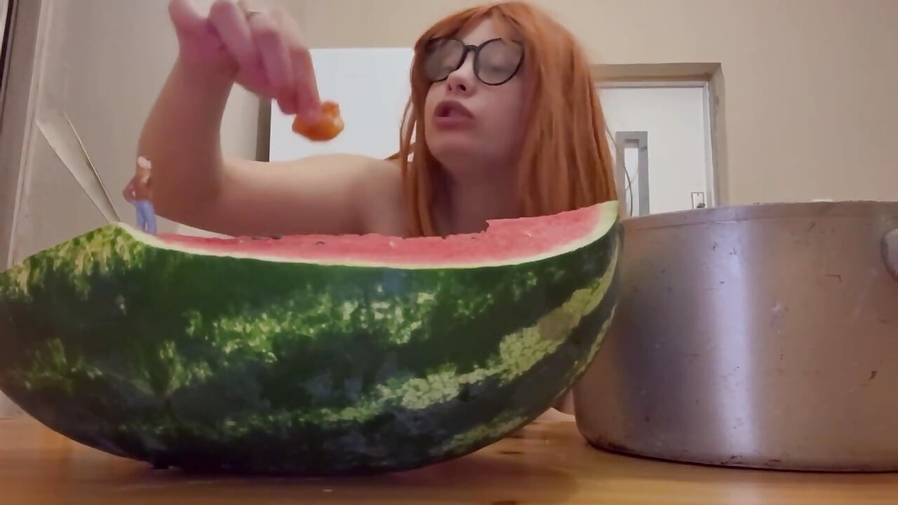 Giantess Stepsister Eats Watermelon and Is Really Horny While Tiny Stepbrother Watches Giantess Stepsister Eat