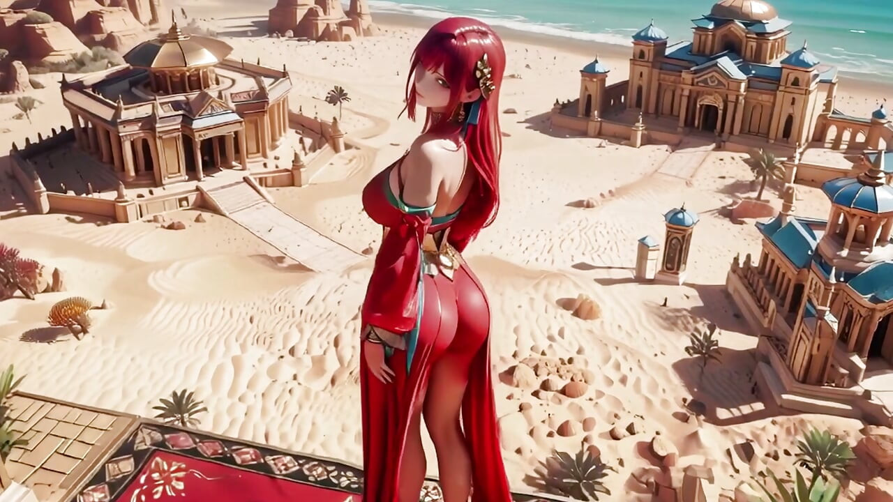 Red Queen in the Desert! Lazy Afternoon in the Golden Palace, Backless Dress slightly damp.
