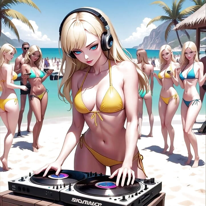Anime sexy dj op het strand Synthwave Retrowave