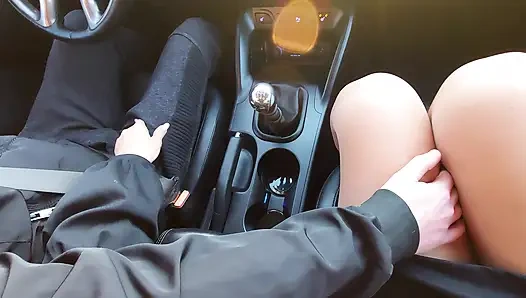 Wife seduces and teases a taxi driver with her sexy legs in tights