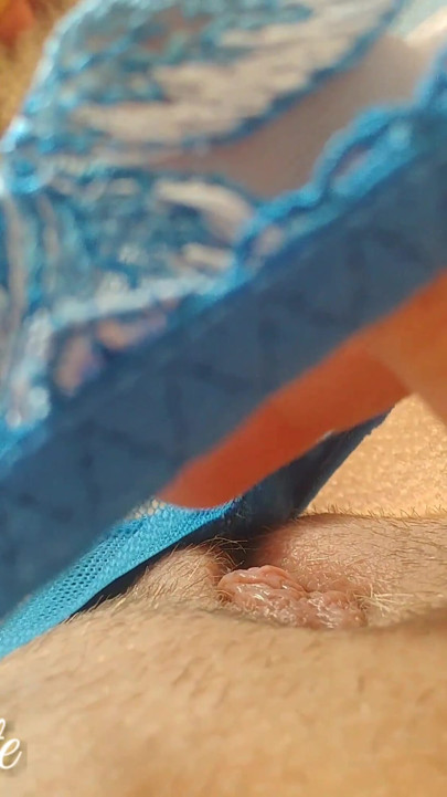 Fingering and intense orgasm in blue lace panty