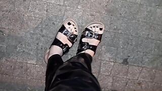 crossdresser on a night walk shows her sexy feet