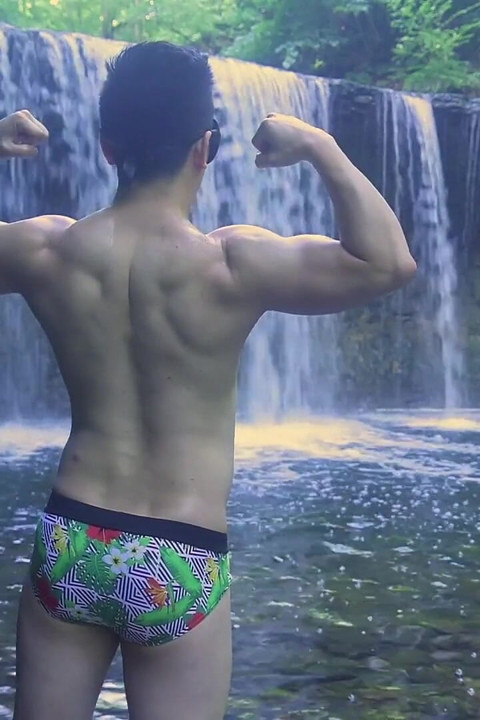Muscular Asian Hunk Flexes in Speedo by Waterfall - Tight Ass & Hole Tease, Strips Naked & Explodes with Massive Cumshot