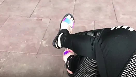 My new shiny sandals and toes tease outdoor