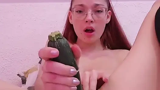 Zucchini and Hairbrush Double Penetration - Solo Girl Stuffs Both Holes with Household Objects