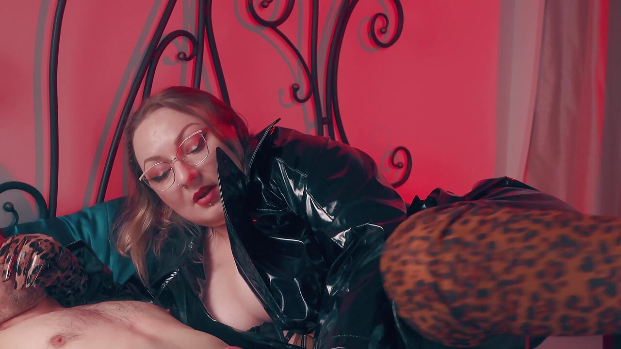 Dominant Handjob Edging Ruined, Wearing Long Leather Gloves -milf in Black Pvc Raincoat Leopard Thigh High Boots Controls, CFNM