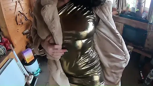 Golden Dress, Fur & Smoking Hairy Pussy, Deep Blowjob & Hard Doggy on a Freezer