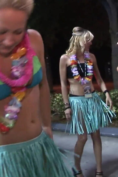 Party girls dressed for Luau get naked in limo
