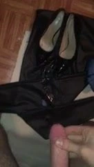 Big cumshot on leather and heels