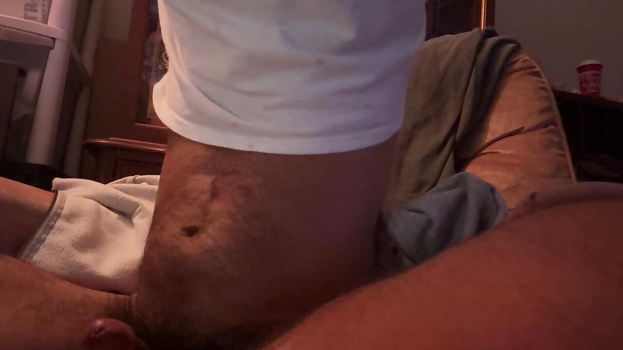Jerking My Big Hairy Dick in Recliner - Thick Cock, Hairy Balls & Bush, Massive Cum from Chest to Pubes