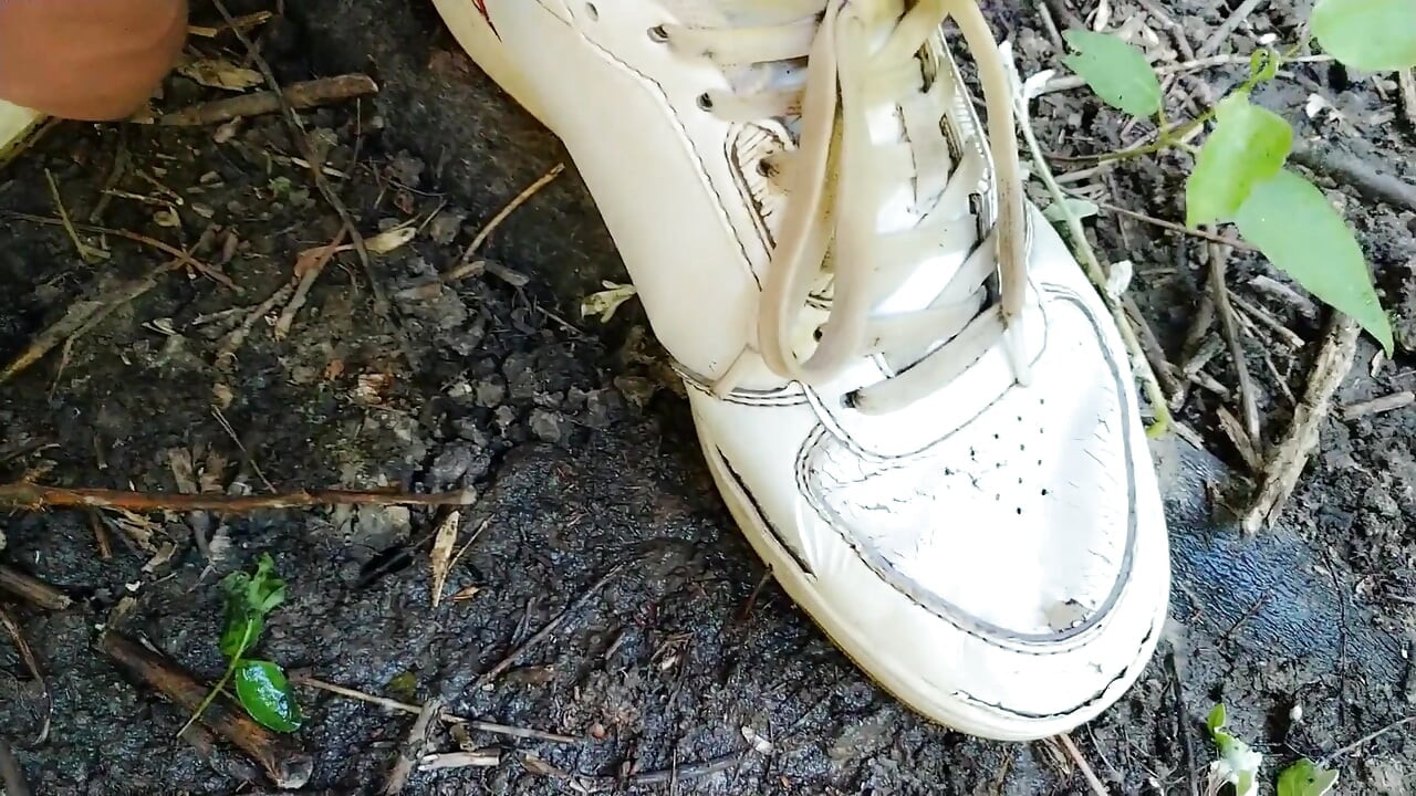 Piss and Cum - Cleaning Used White Sneakers with Pee and Cum and Pee Again in the Garden