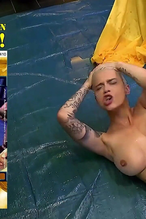 Brunette and Blonde Sluts in Wild Bukkake with Piss and Cum