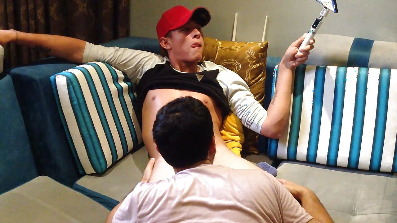 My neighbor films me in selfie mode with his cock down my throat!