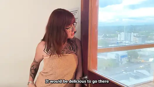 My neighbor leaves me alone with her boyfriend and we end up fucking in the sauna