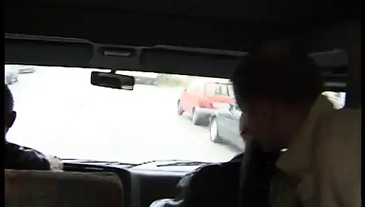 Blonde babe gets plowed in the car in a threesome