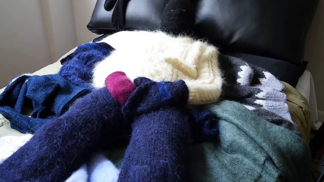Sweater Jumper Mohair Fetish... extra fuzzy... mohair and Angora - sweater pants on a big sweater bed