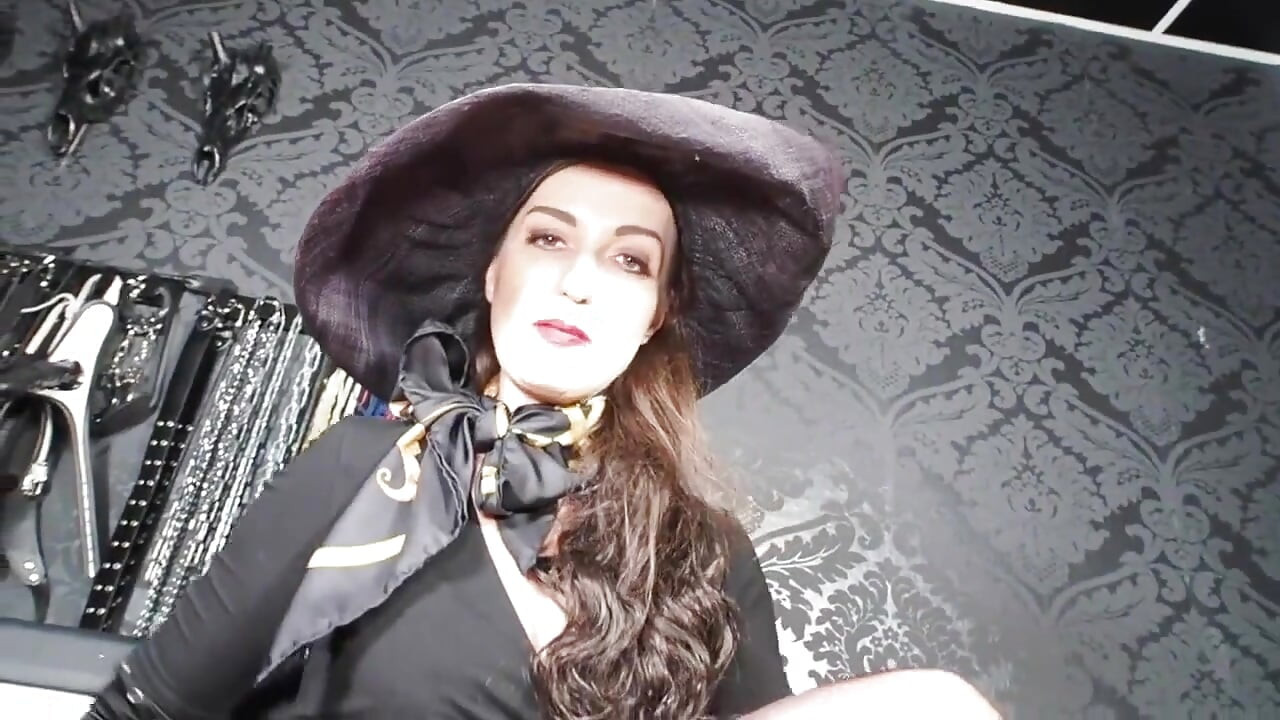 Rich Lady with Hat Tease & Denial Leather Paddle and Extreme High Heels Cum Feeding Game