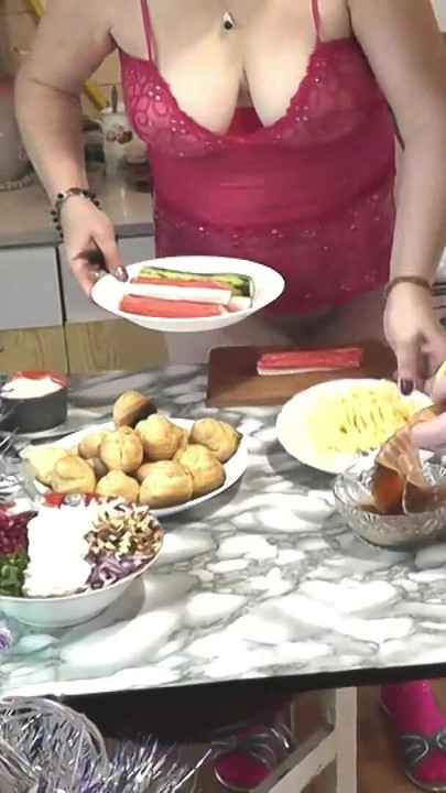 Two women. Adult mature MILF and teen virgin girl in red erotic lingerie without panties kiss on lips in kitchen. Old and young | Clip 2