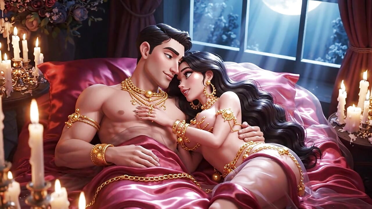 Heiße cartoon-paar romantische nacht leidenschaft zusammenstellung - golder schmuck sinnliche animierte liebe