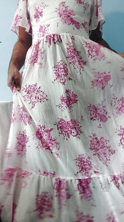 I'm dancing while masterbating in my Pink flowers Silk Seethrough Chiffon Frock