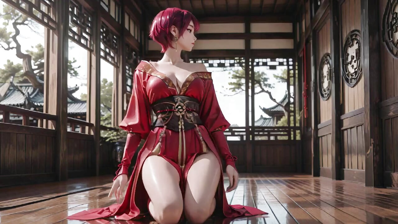 Lillahåret War Maiden i kimono med høj slids, der knæler for at drille dine øjne med et brændende blik og en våd, forbudt hvisken.