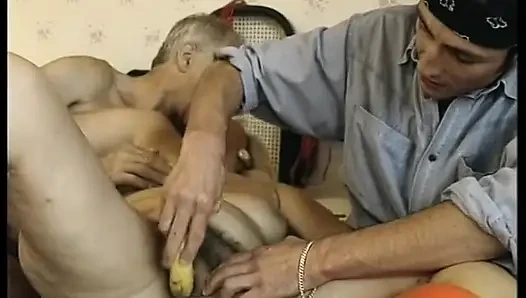 Hairy blonde mature gets spitroasted in a threesome