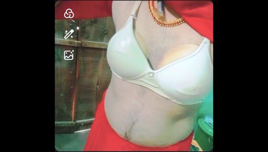 Indian Gay Crossdresser Gauri Sissy xxx video call in red saree showing his boobs and bra strap