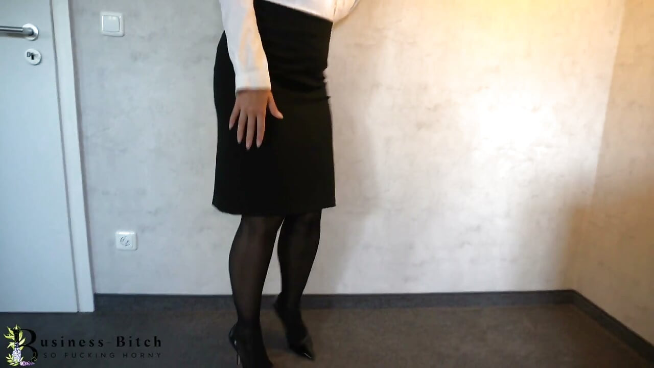 Business slut strip and dildo wall ride