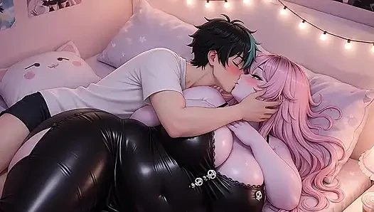 İri güzel kadın pembe saçlı anime kız yatakta büyük memeli oynuyor