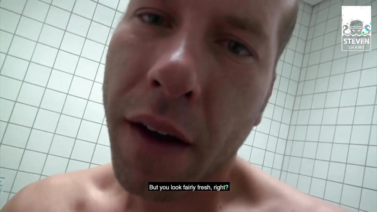 Threesome on public toilet: 2 big cock fuckers share horny blondie
