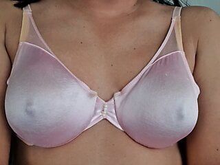 Pink satin bra, caressing my boobs and nipples
