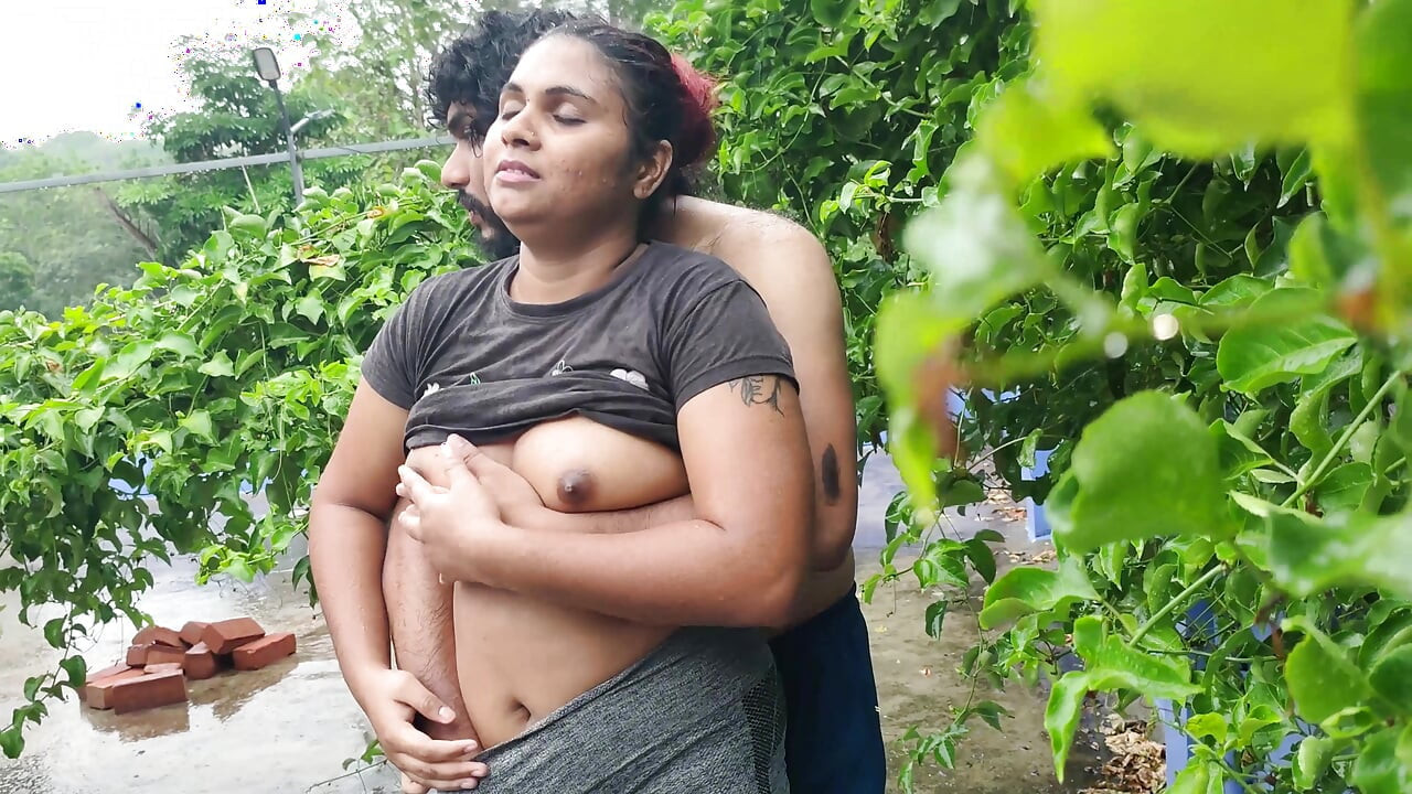 out door terrace rain romance with boobs suck and boobs press