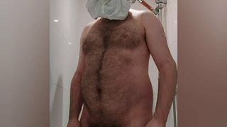 Hairy chastity bear pisses his tighty whities