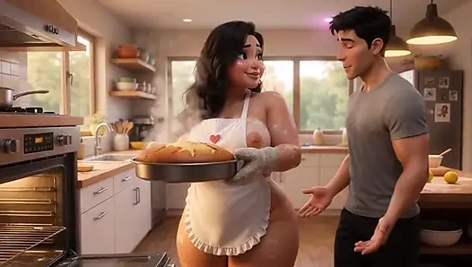 Curvy Latina bakes naked under tiny apron while her young stepson watches every move (AI generated)