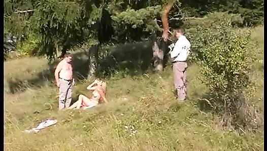 Busty blonde pussy licked and slammed outdoors