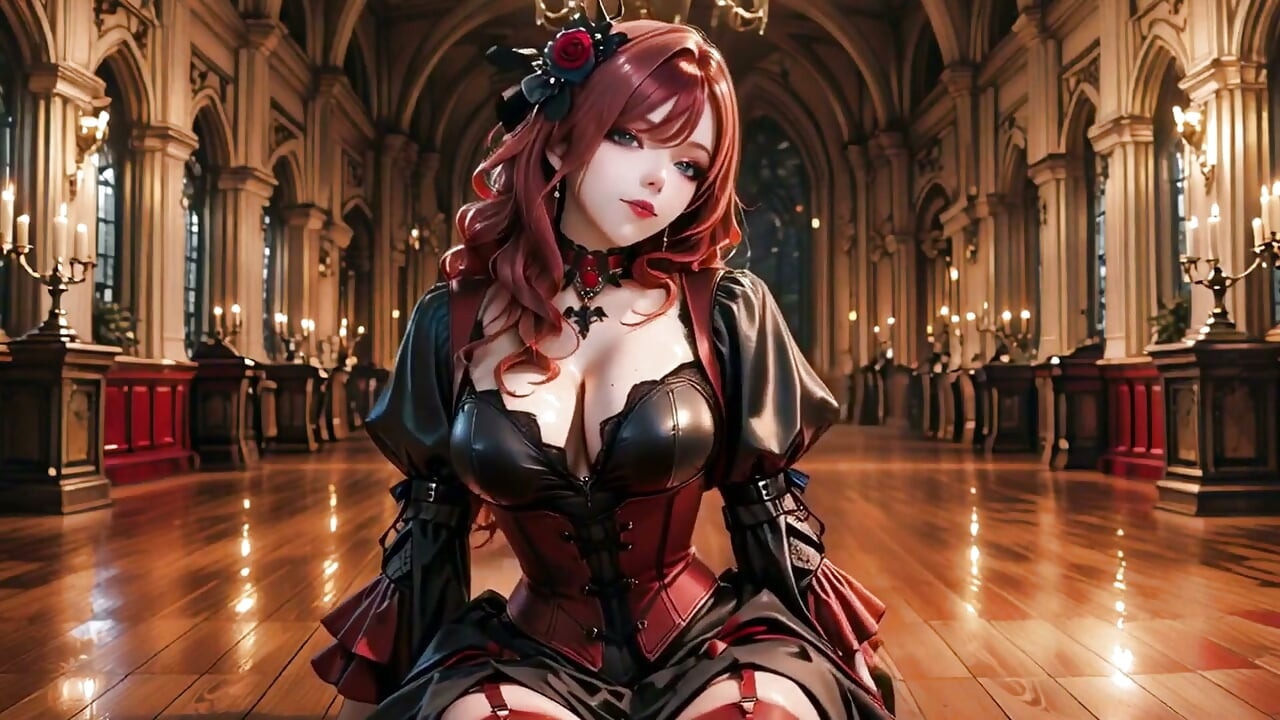 Gothic Redhead Queen! a Lavish Coronation in the Candlelit Hall, Kneeling with a Golden Cup and Sheer Stockings