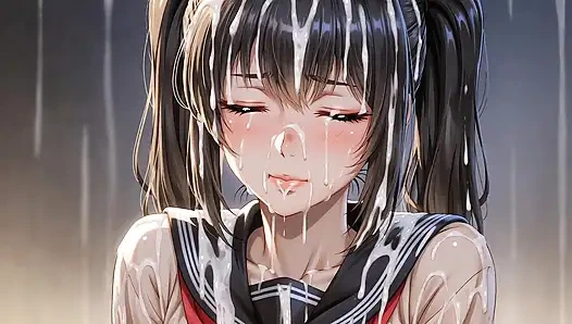 The student girl is cummed all over her face