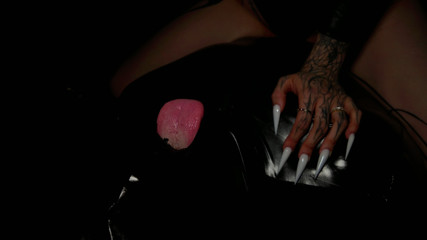 Femdom Mistress Long Nails Makes Her Caged Slave Lick Her New White Nails And Spits In His Mouth