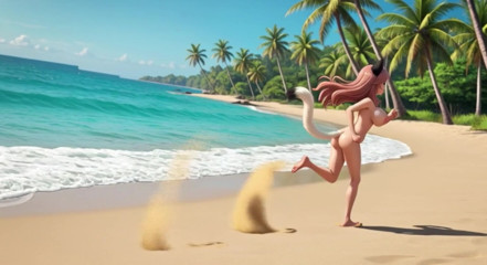 Two gorgeous voluptuous neko girls relaxing completely nude together on sunny tropical beach paradise