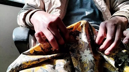 Satin handjob - dick head rub and cum on satin silky yellow suit of sister (78)