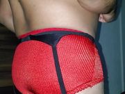 Super Shinny Red Nylon Control Panties, Nice Cumshot