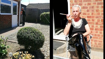 Daddy's plastic fag sissy boi enjoys a smoke in the sunshine