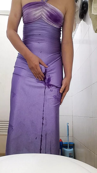Masturbating wearing purple spandex longdress