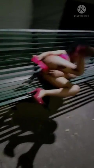 Sissy in Chastity and Slutty Lingerie Masturbating Her Ass with Dildo in a Public Park at Night. thumbnail