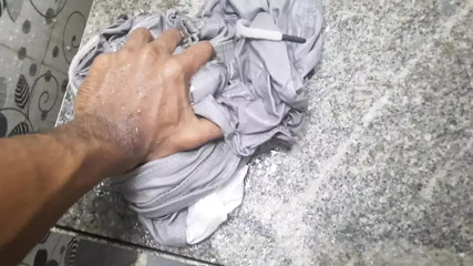 Hot boy masterbating in the bathroom during washing clothes