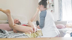 I jerk off his cock and fuck his ass with a huge dildo, fisting femdom