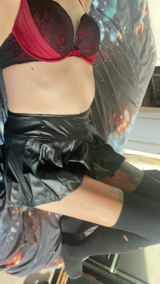 Trans girl playing &amp; teasing in satin and leather lingerie