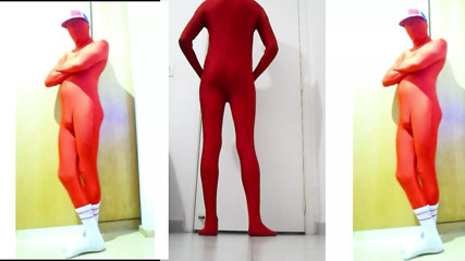 Fun At Home Wearing a Red Zentai Costume Part 2