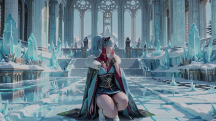 Ice Throne! Silver-haired Mage in Red-green Gown Kneeling, Blue-haired Partner Teasing in Realm!